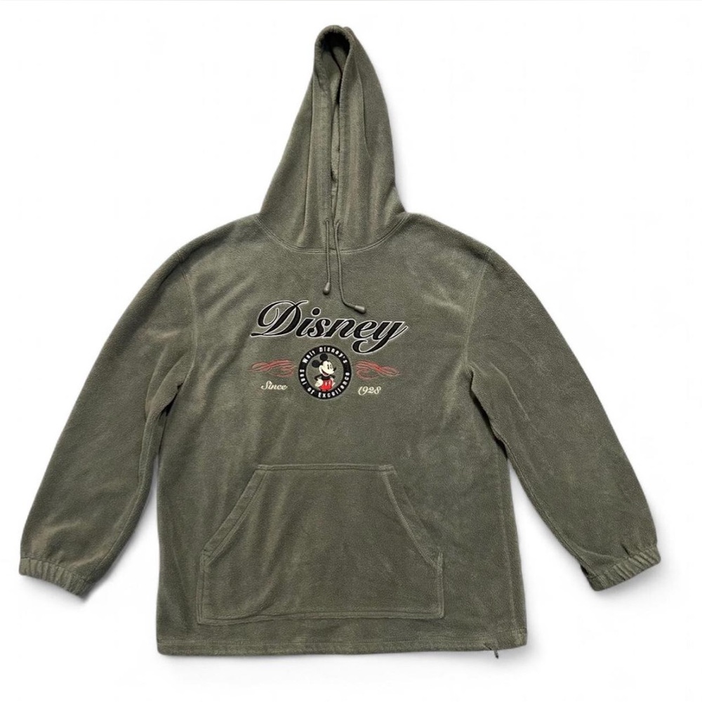 Vintage Y2K Disney Mickey Mouse Men's Large Fleece Hoodie in Olive Green